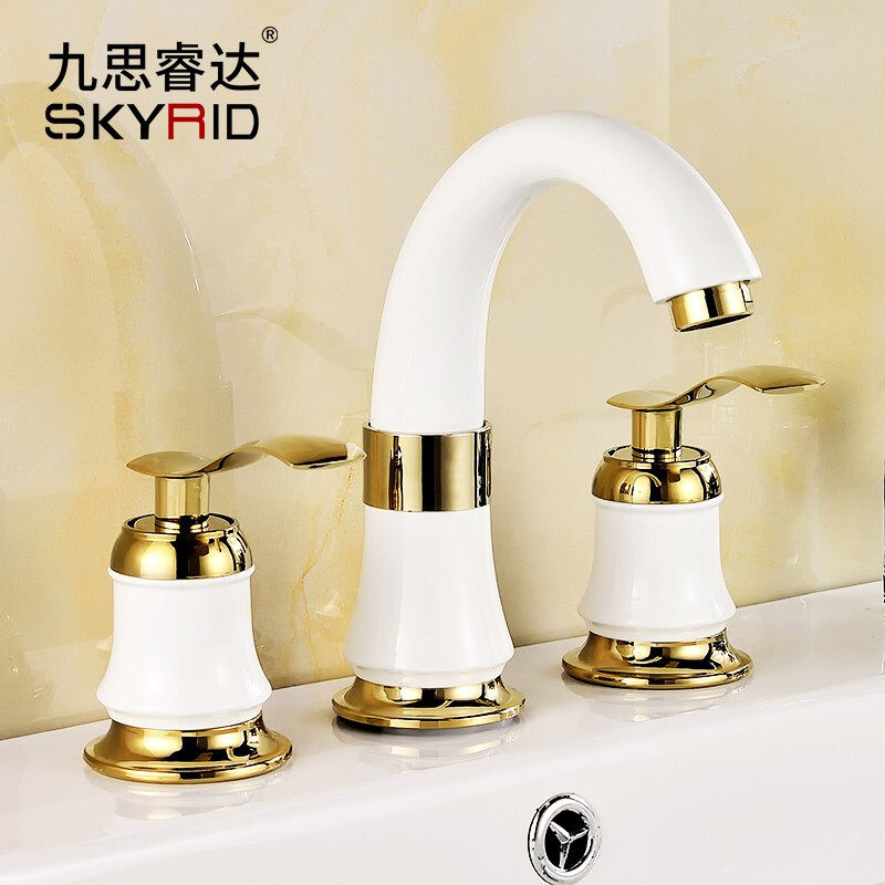 三孔水龙头冷热面盆分体式洗脸池欧式金色老式家用四件套精铜双把
