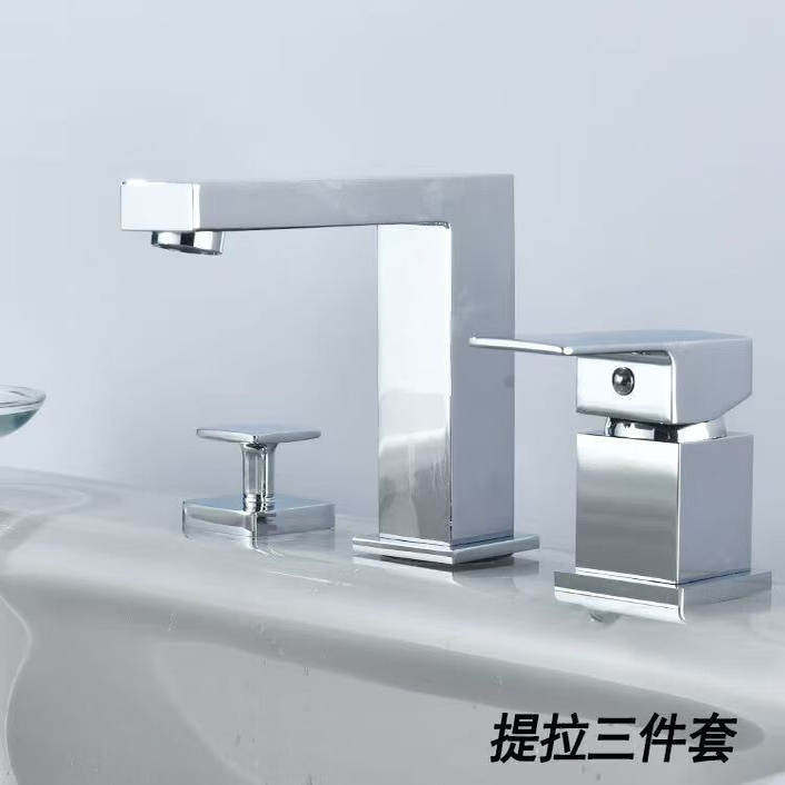 浴室面盆冷热水龙头三件套铜洗手盆三孔坐式分体开关提拉下水