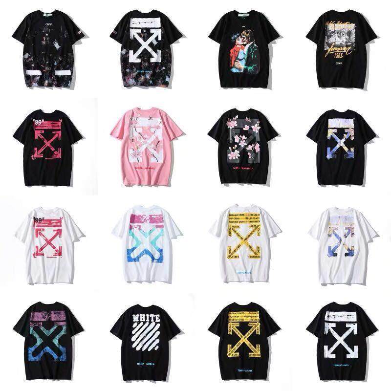 夏天潮牌ow美潮樱花纯棉宽松短袖t恤男女半袖体恤情侣粉色港风短t