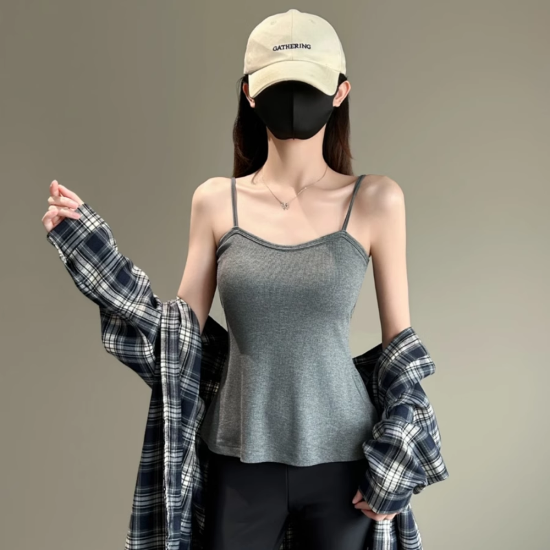 大码胖mm掐腰设计感带胸垫吊带背心女夏季修身显瘦气质无袖打底衫