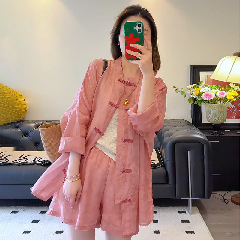 大码女装胖mm复古新中式套装夏季减龄盘扣防晒衬衫高腰短裤两件套
