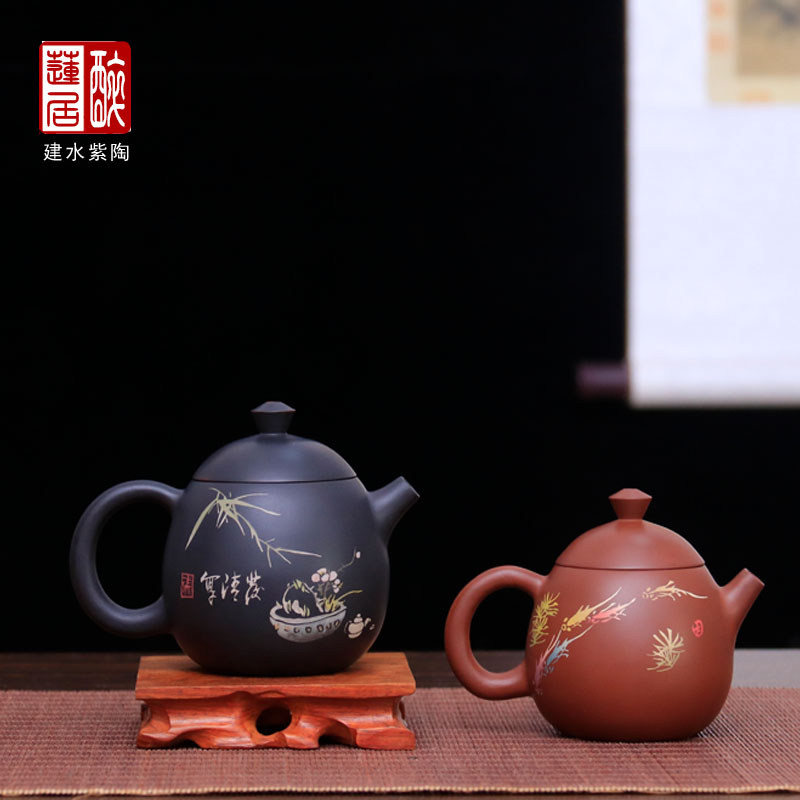 云南建水紫陶阴刻阳填功夫茶壶