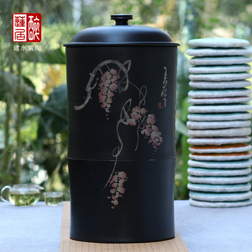 建水紫陶直筒彩填大茶缸21饼缸