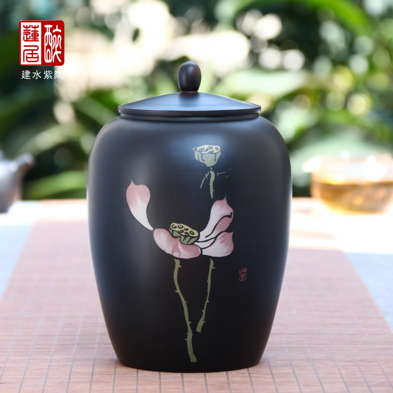 单饼醒茶罐 云南建水紫陶名家老师彩填普洱茶罐 醉莲居贰生M7 A97