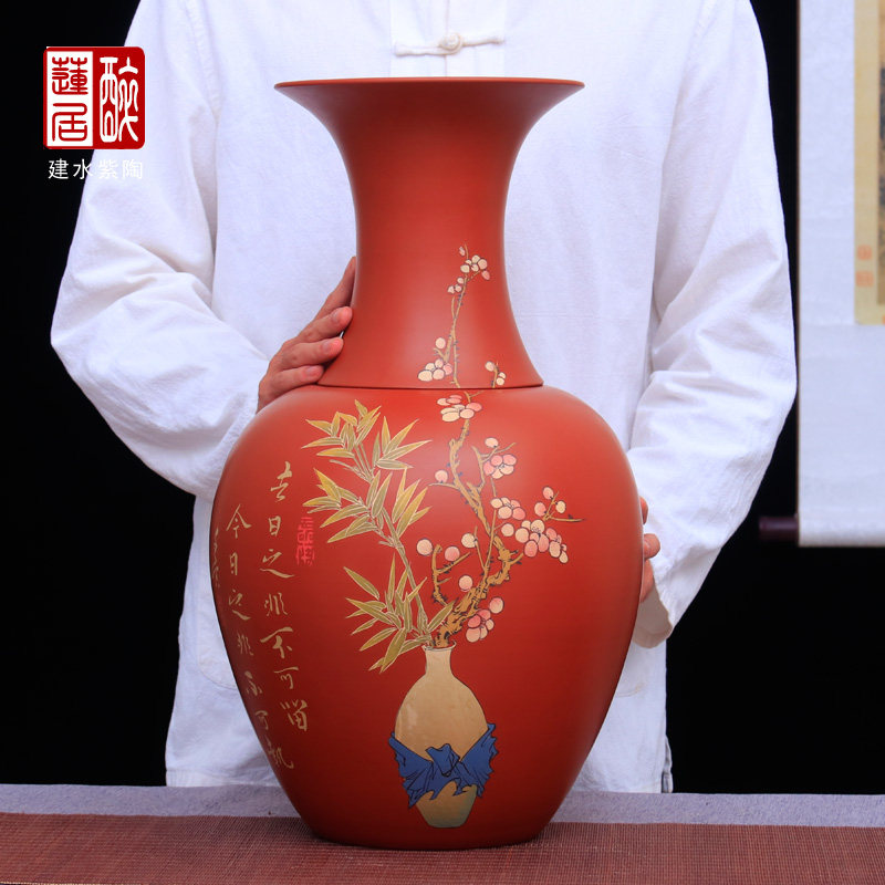 建水紫陶茶缸手工陶器茶室玄关家居装饰摆件/李正龙花瓶茶罐 T46