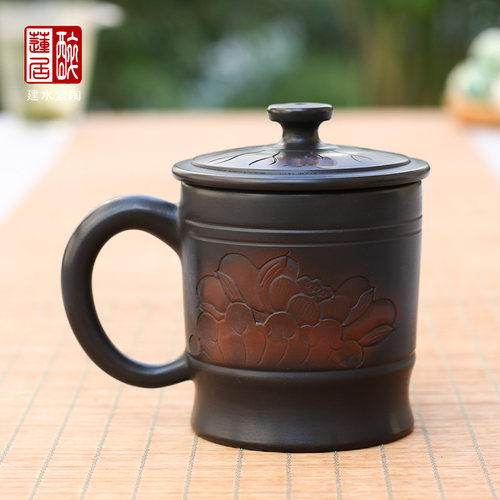 建水紫陶纯手工浮雕办公杯200ml