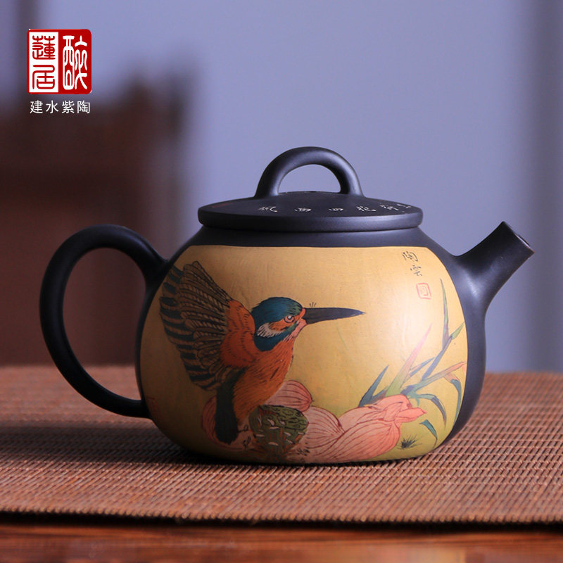 230ml 建水紫陶壶手工陶泡茶壶功夫茶壶茶具重工开窗搭桥花鸟 O86