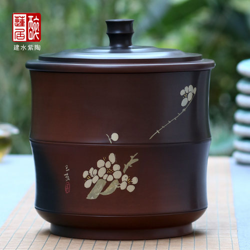 纯手工建水紫陶竹节七饼缸保鲜罐