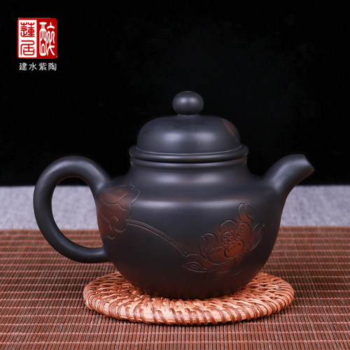 建水紫陶手工雕刻功夫茶壶280ml