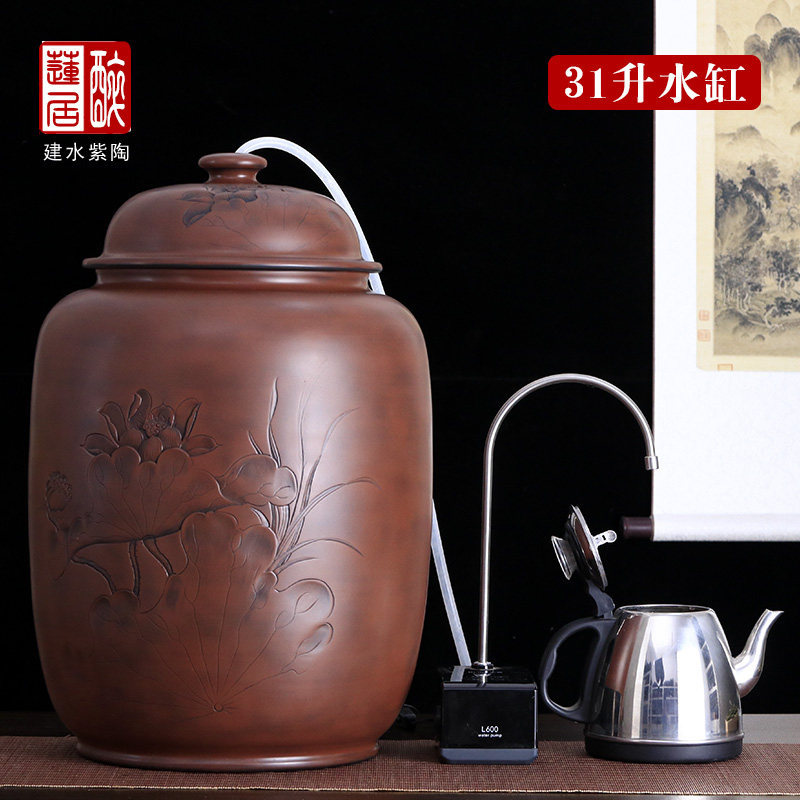 建水紫陶纯手工浮雕31升大养水缸
