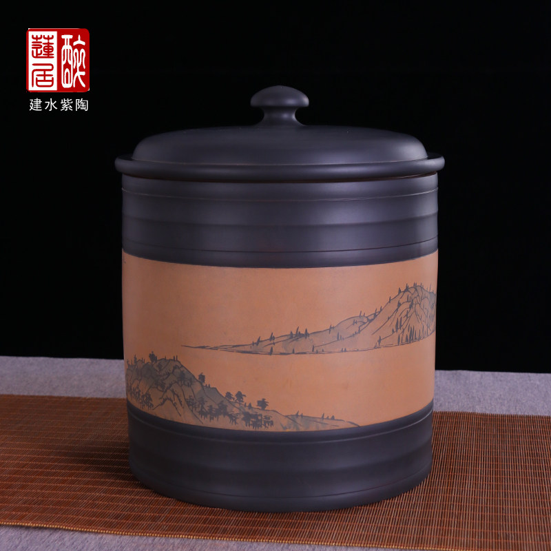 建水紫陶手工彩填茶叶罐七饼缸图片