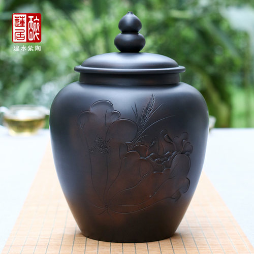建水紫陶茶叶罐普洱茶白茶茶筒散茶罐保鲜/ 浮雕葫芦茶罐 E60