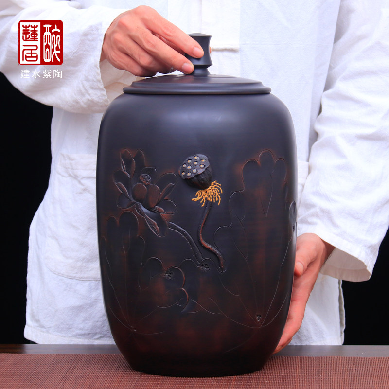 云南建水紫陶茶叶罐100克小饼十饼缸一斤足散茶罐/浮雕直茶罐 E61