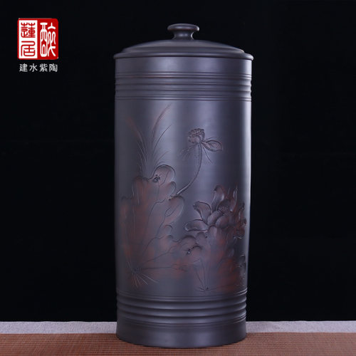 建水紫陶浮雕直筒21饼缸茶叶罐