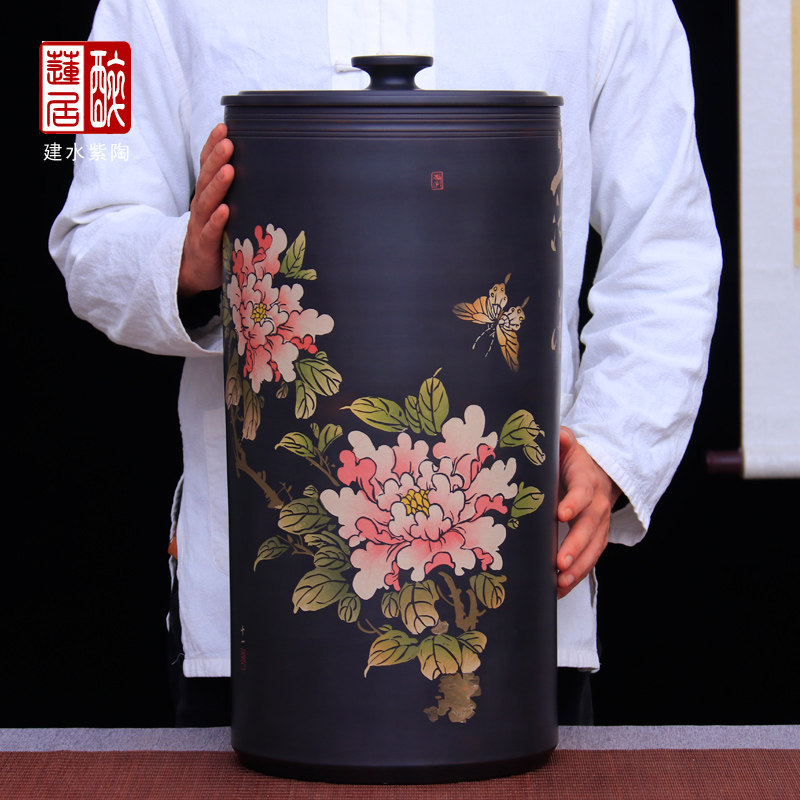 纯手工建水紫陶18饼大储茶缸