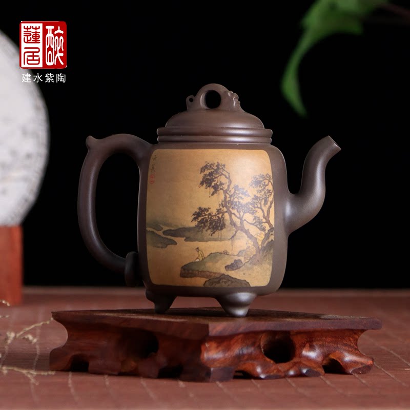 纯手工150ml重工山水三足壶
