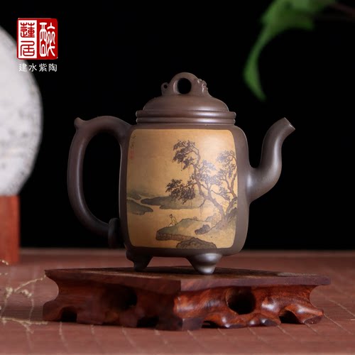 纯手工150ml重工山水三足壶
