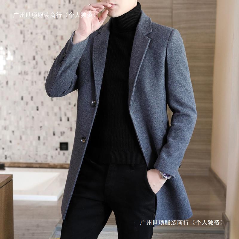 秋冬季男士风衣中长款呢子大衣韩版修身帅气毛呢外套男长款订货