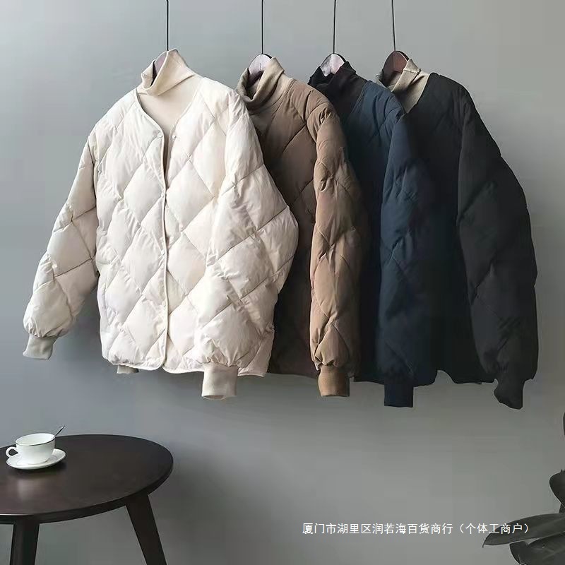 纯色复古棉衣女菱形格时尚简约宽松休闲冬季新款夹棉上衣外套女潮