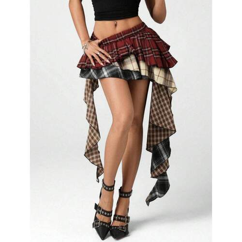 Z 62596 British College Patchwork Ruffle Skirt 英伦学院拼色