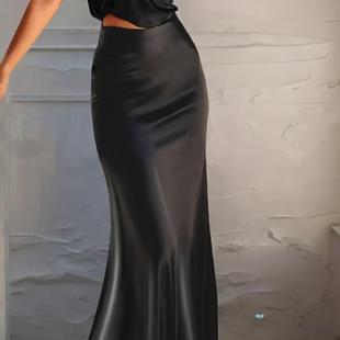 Line Women Waisted for Skirt Maxi Satin 1pc High Elegant