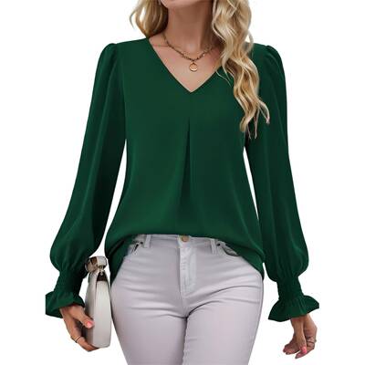 I 10327 Solid Color V Neck Chiffon Blouse 纯色雪纺衫