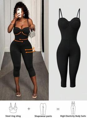 S 90073 速卖通新款外贸跨境黑色修身连体裤无缝高弹力纯色