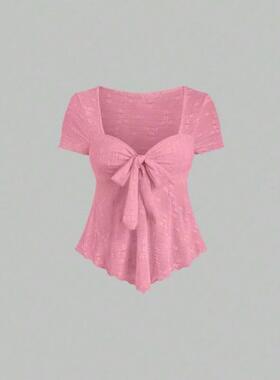 E 58731 速卖通新款外贸跨境纯色简约休闲蝴蝶结装饰短袖