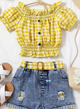 Girl Lovely 2pcs Summer Plaid Outf Puff Sleeve Off外套