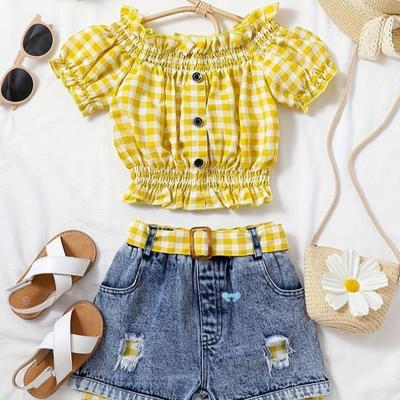 Girl Lovely 2pcs Summer Plaid Outf Puff Sleeve Off外套