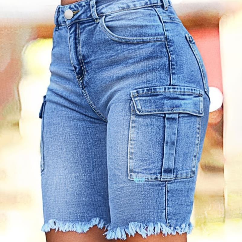 High Waist Retro Denim Shorts wh Raw Hem Flap Pockets跨境