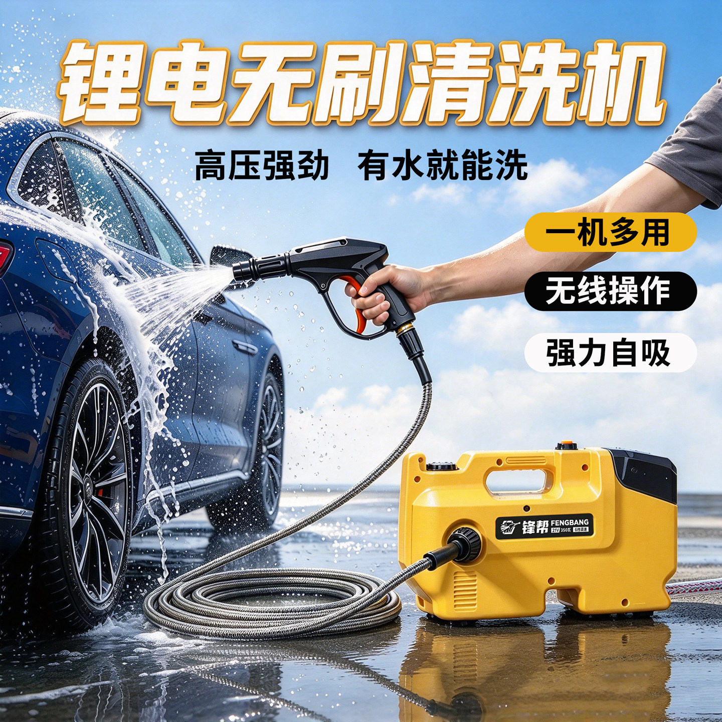 锋帮锂电无刷清洗机洗车机充电式铜芯增强压自吸大功率大容量高压