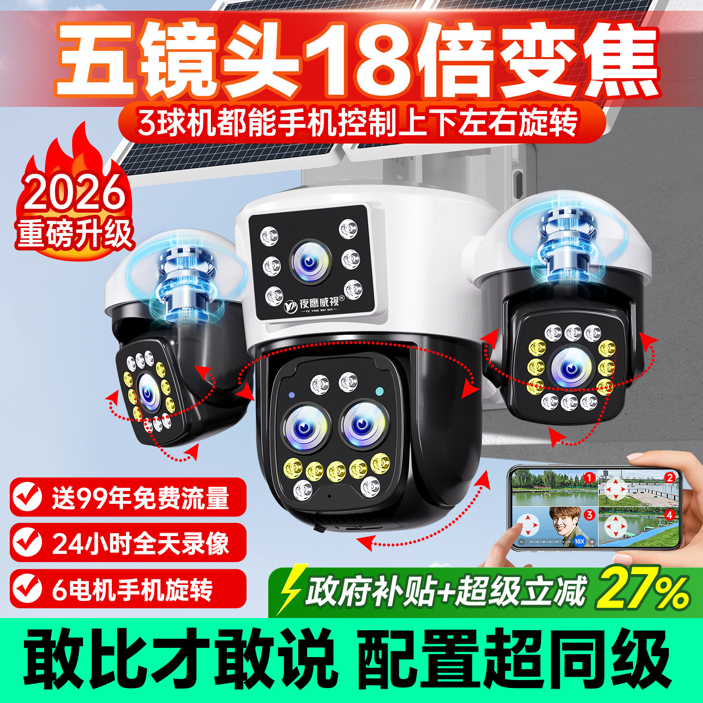 AOV太阳能摄像头360度无死角手机远程室外4G无电无网监视器