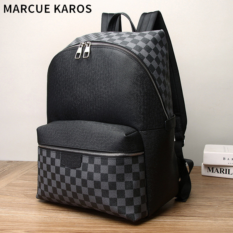 MK男士双肩包2021新款时尚格子旅行包牛皮电脑包潮韩版休闲背包女