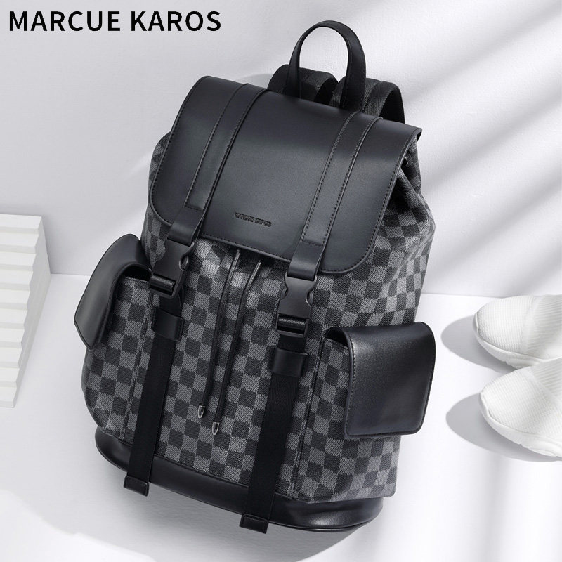 MK双肩包男士真皮背包2021年新款时尚格子电脑包大容量旅行包潮牌