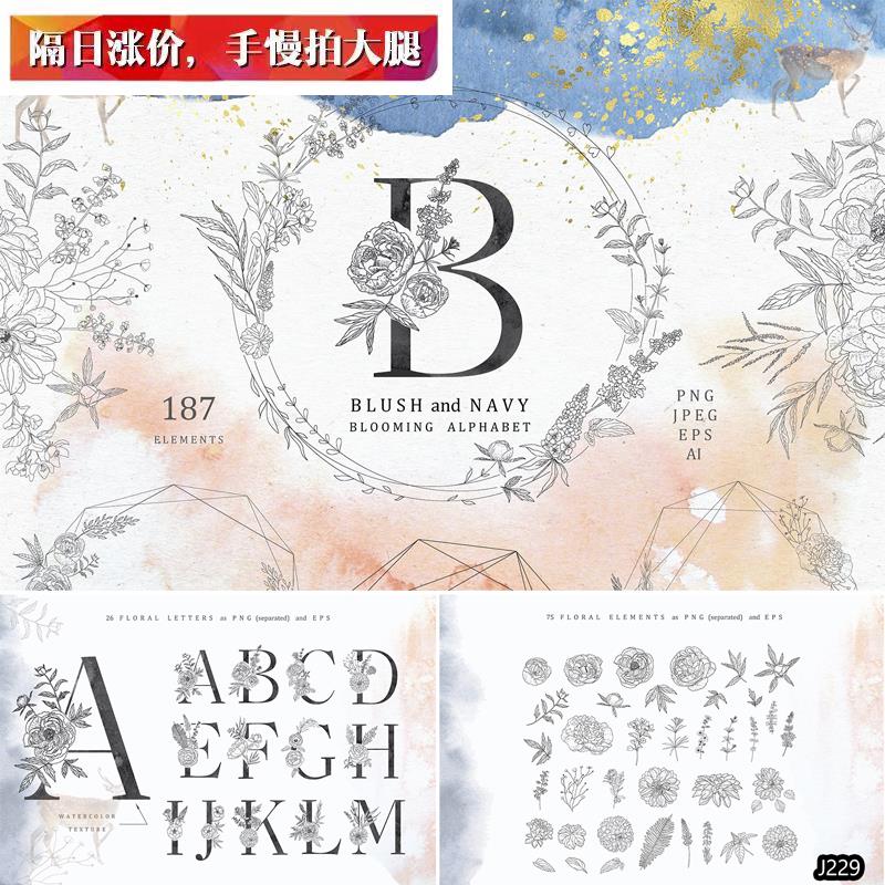 唯美素雅女性婚礼PS设计英文字母花卉线稿花环边框PNG透明免抠