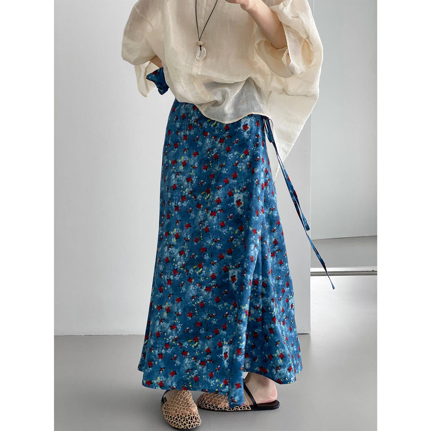那末 一片式带发圈 油画碎花系带半身裙女夏季度假风伞裙长裙6233
