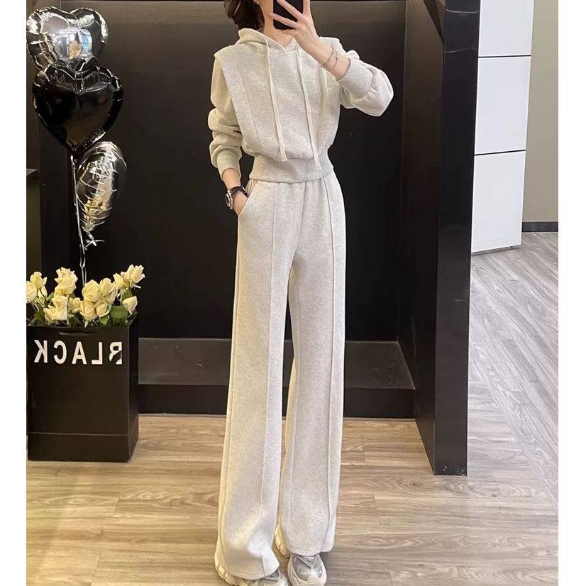 春秋高级感时尚女生休闲运动服套装小香风两件套连帽卫衣+阔腿裤