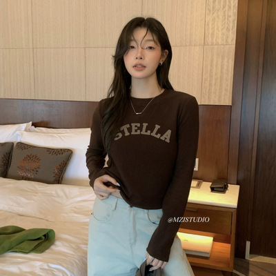 MZI STUDIO秋季韩系休闲风字母印花百搭套头圆领百搭长袖T恤13618