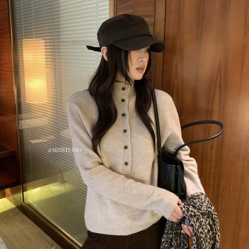 MZI STUDIO秋冬韩系简约风百搭显瘦纯色高领纽扣套头毛衣女A80318