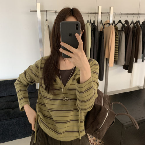 ULOUR/U粒-秋冬韩系复古风条纹撞色拼接假两件连帽长袖毛衣女6157