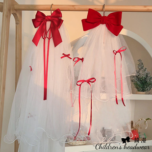 儿童公主裙头纱女童红色新年蝴蝶结发卡宝宝生日发夹婚纱花童头饰