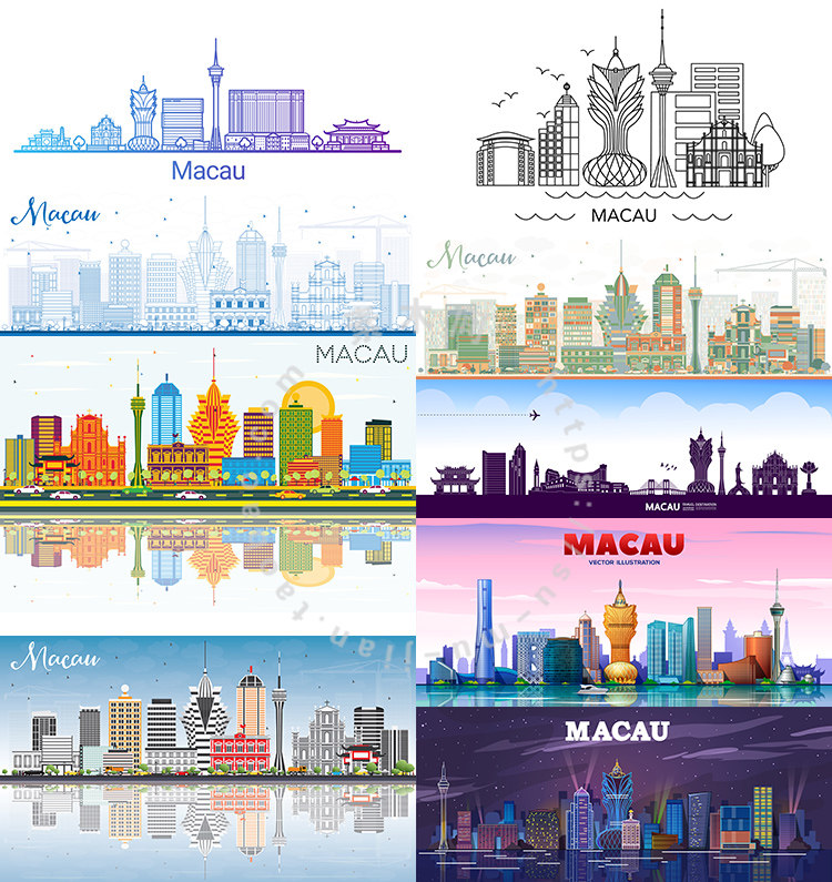 澳门地标建筑插画 新葡京大三巴牌坊玫瑰堂 ai格式矢量设计素材