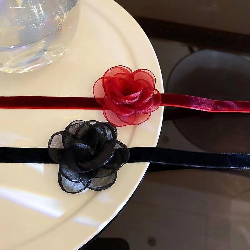 复古仙气山茶花丝绒颈带女士网纱图片