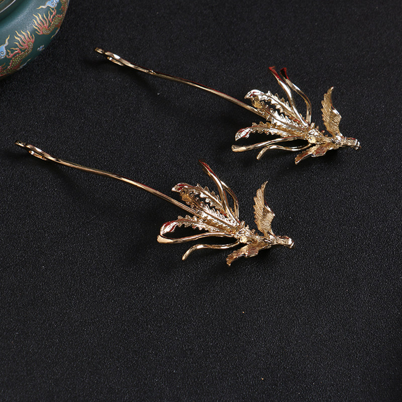 弧形偏凤钗镀金红楼凤凰发簪女古法鎏金汉服头饰复古婚嫁礼凤簪