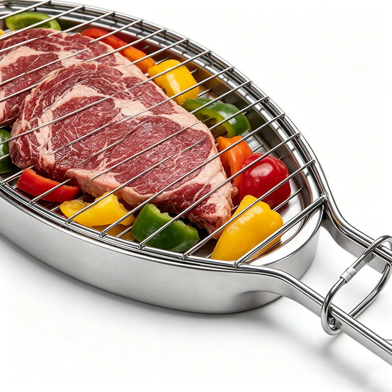 细密网格不锈钢烤鱼夹防止鱼片碎肉掉落炭火干净整洁户外烤架