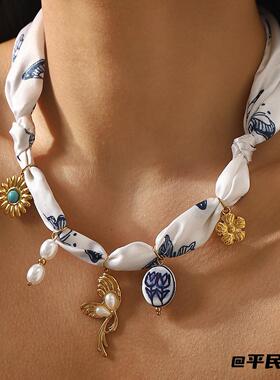 ZN0646花朵陶瓷吊坠丝带项链气质