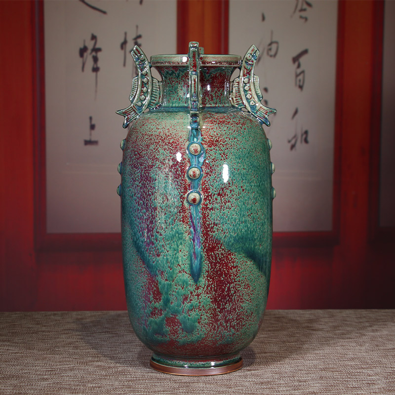 钧瓷李亚飞大师手签珍品级柴烧四季有余摆件中式陶瓷花瓶家居装饰