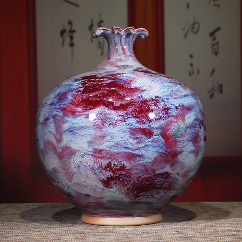 神垕原产钧瓷摆件珍品级石榴瓶中式插花陶瓷花瓶家居办公室装饰品