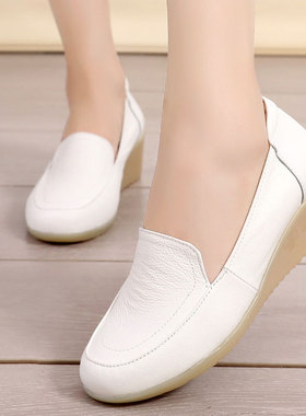 真皮防滑牛筋底白色护士鞋工作鞋透气圆头小皮鞋职业单鞋中跟女鞋